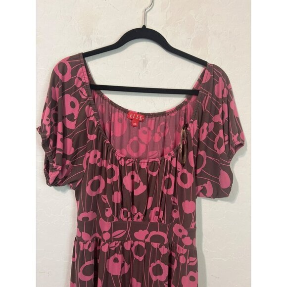 Elle Dress Brown Pink Scoop Neck Very Stretchy Dress Sz L With Waist Belt Tie - Picture 2 of 6